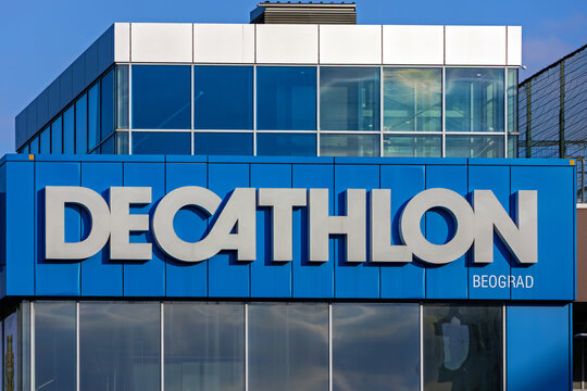 Popular Decathlon sport fashion store logo on top of building facade in Belgrade city street