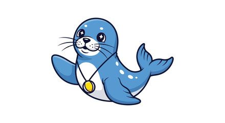 Cute Cartoon Seal Character with Medal, Waving Hello © Salak