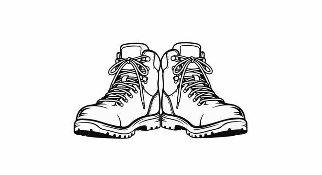 Line drawing of a pair of sturdy, laced hiking boots facing forward