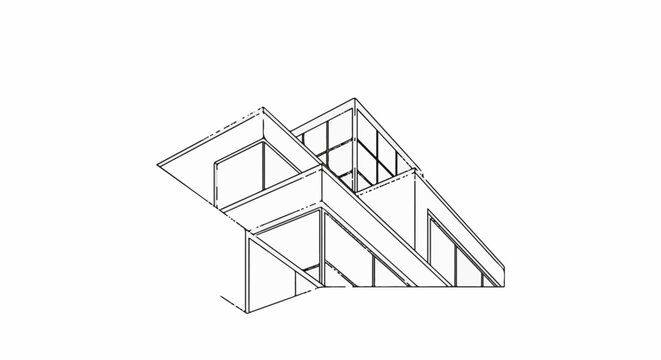 Isometric sketch of a modern building structure with angled roofs and windows