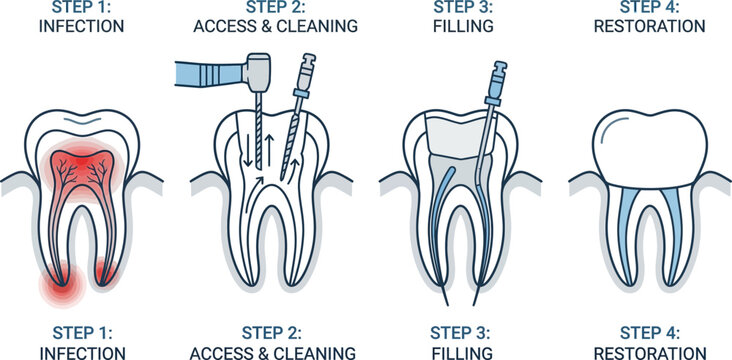 Dental root canal treatment steps infographic medical line art vector illustration