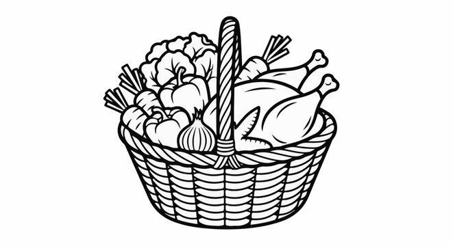 A woven basket filled with vegetables and a roasted chicken