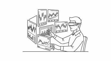 Naklejka premium Person in VR headset interacting with floating data charts