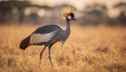 Fototapeta premium Majestic crowned avian, with its distinctive crest and colorful facial patterns, stands gracefully in a sun-drenched savanna, embodying wild beauty and tranquility