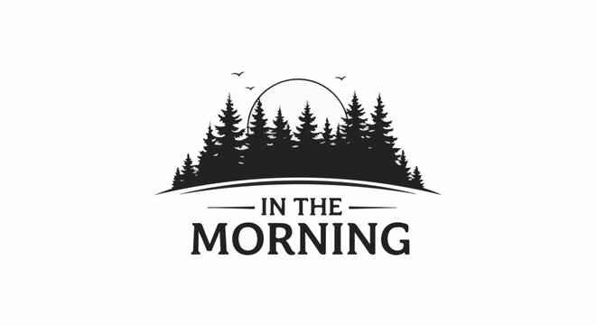 Silhouette of pine trees against sunrise with text below
