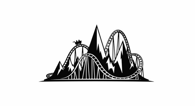 Silhouette of a thrilling roller coaster winding through jagged mountain peaks