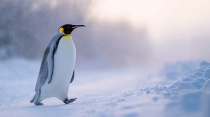 Fototapeta premium Emperor penguin walking on ice in Antarctica. Wildlife in frozen landscape with snow. Beautiful polar bird in natural habitat. Cold weather climate and nature conservation concept.
