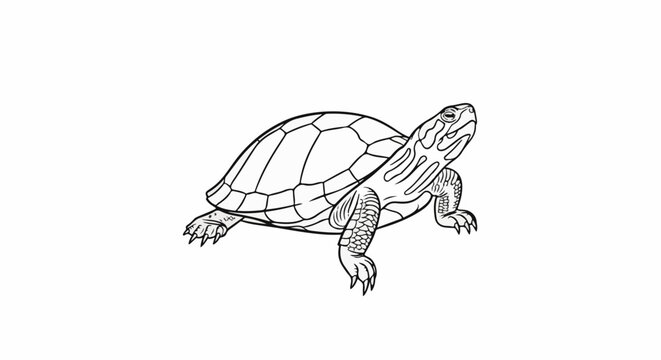A detailed black and white line drawing of a turtle, with its shell and skin textures clearly depicted