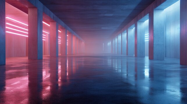 Empty underground parking with neon light reflection on wet floor. Futuristic sci-fi corridor with concrete pillar and glow. Cyberpunk atmosphere, modern hall, abstract interior space.