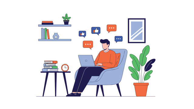 Young man relaxes in a blue armchair while working on a laptop and receiving many positive social media likes and comments.