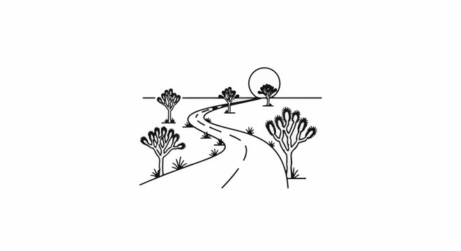 Winding desert road lined with abstract trees under a circle