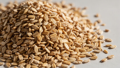 Fototapeta premium Close-up detail of bulk dry oat groats showcasing their natural texture and healthy grain quality, ideal for culinary, breakfast, and food industry designs
