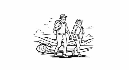 Obraz premium A couple in hats and backpacks walks hand-in-hand near a crashing wave