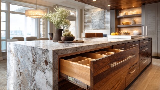 Modern kitchen island with marble countertop and open wooden drawer. Luxury interior design with organized storage and elegant home decor. Spacious residential house renovation concept.