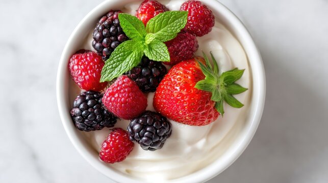 Yogurt in a small bowl topped with fresh berry like strawberry, raspberry and blackberry with mint leaf. Healthy breakfast and natural snack concept for diet and nutrition lifestyle.