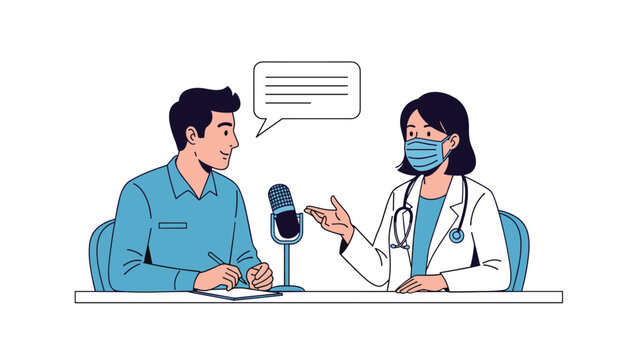 Female doctor in a face mask and a male host sit at a table recording an interview or podcast with a microphone and notes.