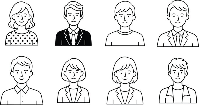 Set of professional character avatars and diverse user profile icons with friendly facial expressions in minimalist black and white line art vector.