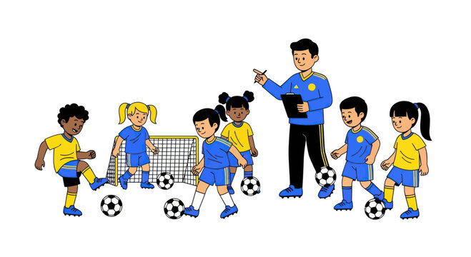 Diverse kids soccer team training with coach, active lifestyle, fun sport activity