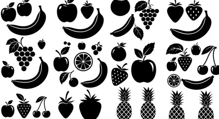 Fototapeta premium Black silhouettes of various fruits.