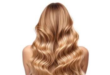 Fototapeta premium long golden blond curly hair, back view of a beautiful woman isolated on white or transparent png