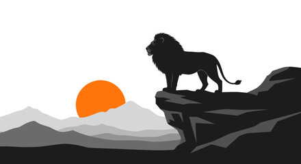 Majestic lion silhouette standing on a cliff at sunrise over mountains. © Arus LMH