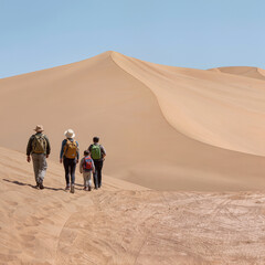 Fototapeta premium Group of hikers with backpacks walking across desert sand dunes, exploring remote landscape, footprints in sand, adventure and travel 