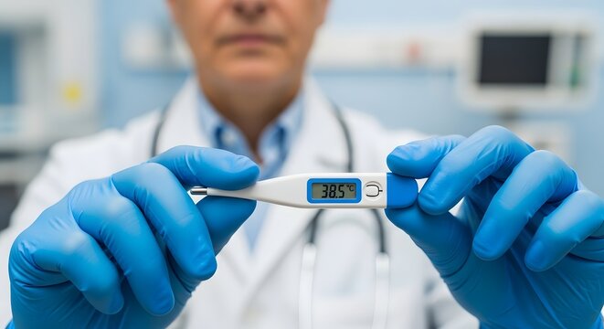 Healthcare professional holding a digital thermometer displaying a fever of 38.5 degrees Celsius, indicating a potential illness or health concern during a medical check-up