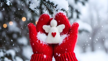 Fototapeta premium White angel ornament held in red mittens over snowy background. Holiday decorations and peace concept. Person holding small winged figure in winter gloves