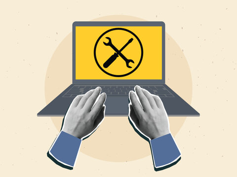 Hands resting on a laptop keyboard with a service icon on the screen - a crossed screwdriver and wrench. Modern collage style. Vector illustration
