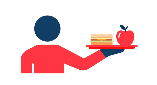 Person holding a tray with a sandwich and apple, healthy lunch concept