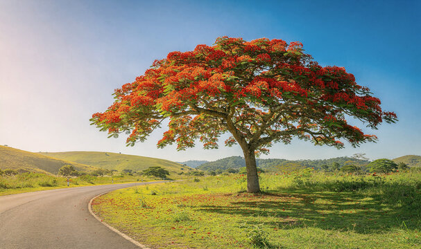Vibrant Red Flowering Tree Alongside a Winding Road, Surrounded by Lush Green Hills Under a Clear Blue Sky at Sunset, Serene Rural Landscape