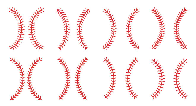 Baseball Stitching Patterns - Red Thread Seams Isolated on White Background