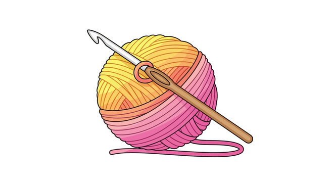Colorful yarn ball with crochet hook on white background