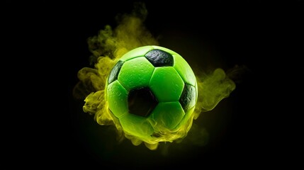 Naklejka premium Green soccer ball with black patches surrounded by vibrant yellow smoke on a dark background, emphasizing the ball's texture and design details