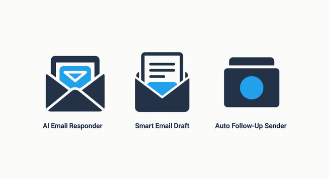 Email automation and productivity icons including AI responder smart drafting and automatic follow up message sender service graphic concepts with follow up responder follow-up automation business