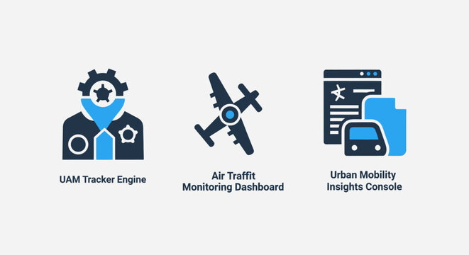 Urban air mobility and transportation logistics icons including air traffic monitoring dashboard uam tracker engine and urban mobility insights console for future smart city aviation systems