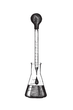 A laboratory glass flask and pipette filled with liquid in an engraved style. Vector illustration for scientific event design and educational materials.