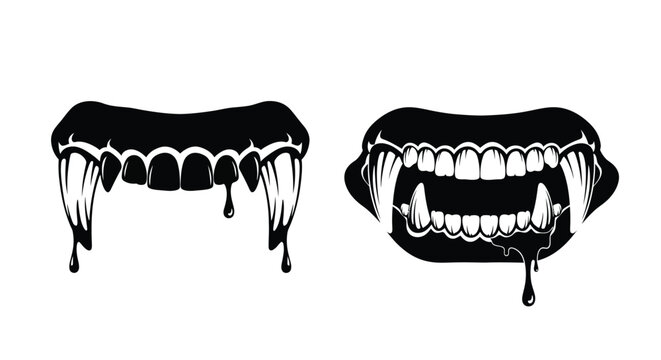 Two vampire mouths with dripping fangs black silhouette on transparent background