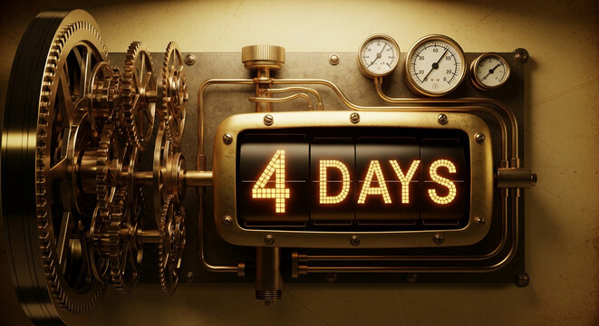Steampunk device showing 4 Days. Golden gears and gauges, representing countdown, time measurement, mechanical process or antique technology