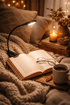 Cozy autumn reading nook with open book eyeglasses coffee mug candlelight and soft knit blanket creating a warm relaxing bedtime atmosphere for self care leisure reading and home comfort