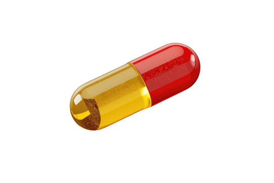 Medicine capsule in red and yellow representing health, pharmacology, care, and antibiotic treatment on transparent background