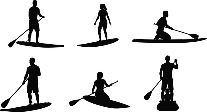 Stand Up Paddleboarding, Water Sports Activity, Silhouettes of People on Paddle Boards in the Lake