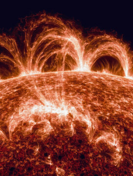 Solar flare eruption on sun surface with plasma loops and magnetic activity