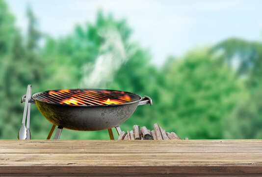 backyard with seating and lush greenery, patio area with green lawn and bbq grill blurred, wooden board