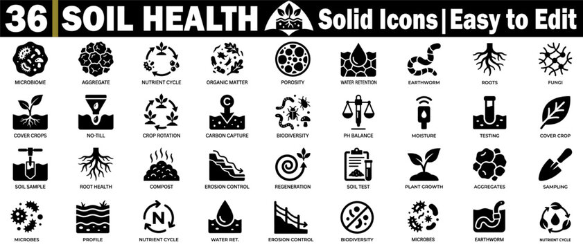 Soil health solid icons. Easy to edit for environmental, agricultural, and scientific designs, featuring editable strokes and a transparent background, vector illustration.
