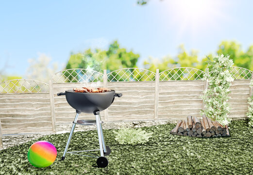 Outdoor barbecue grill in sunny backyard with green plants, 3d illustration