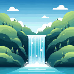 A majestic waterfall cascades down lush green hills under a bright blue sky with fluffy white clouds. © Dimas