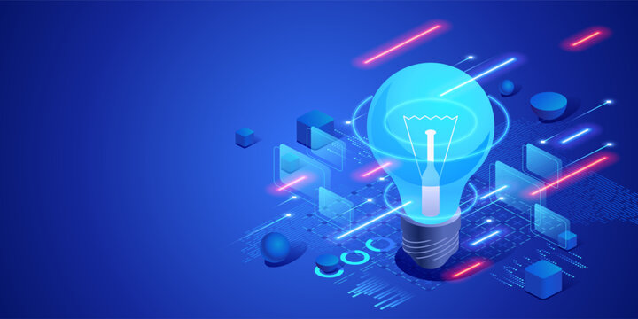 Creative idea and innovation concept with glowing light bulb and digital data environment. Futuristic isometric neon illustration inspiration, brainstorming, startup thinking and technology solutions