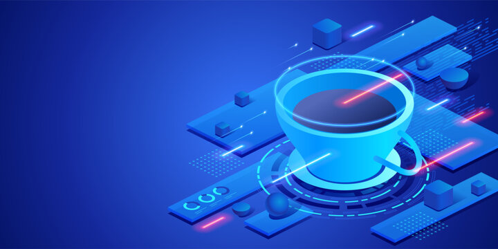 Modern coffee break concept in digital office environment. Futuristic neon isometric illustration with coffee cup and technology elements workplace relaxation, productivity and creative thinking.