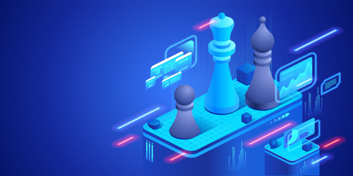 Business competition strategy concept with chess pieces and digital analytics environment. Futuristic isometric neon illustration leadership, strategy planning, decision making and corporate rivalry.